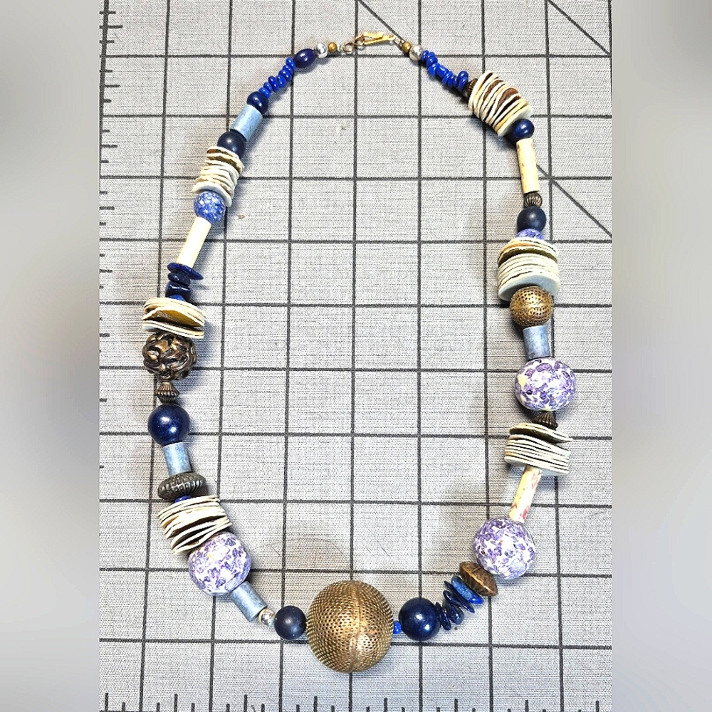 Vintage Women's Blue & Gold Toned Boho Long Beaded Necklace